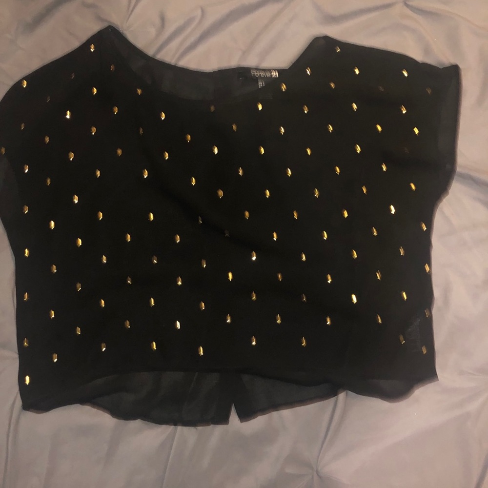 Black see-through crop top with gold embellishment
